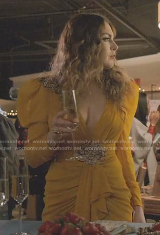 Fallon's orange embroidered mini dress on Dynasty