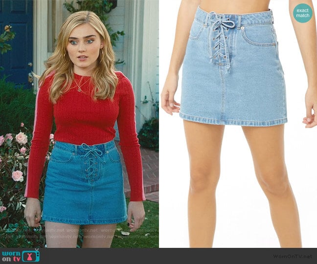 Lace-Up Denim Skirt by Forever 21 worn by Taylor Otto (Meg Donnelly) on American Housewife