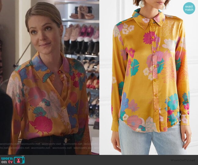 Maxwell floral-print silk-blend charmeuse shirt by Stine Goya worn by Sutton (Meghann Fahy) on The Bold Type