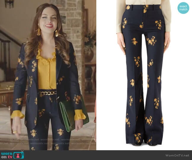 Camellia Fil Coupé Cotton & Wool Flare Pants by Gucci worn by Fallon Carrington (Elizabeth Gillies) on Dynasty