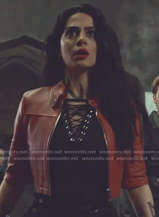 Isabelle’s black lace-up tee and red cropped leather jacket on Shadowhunters