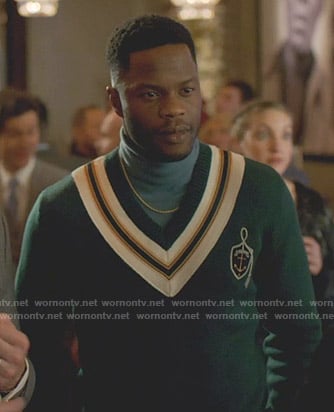 Jeff’s green v-neck sweater with anchor crest on Dynasty