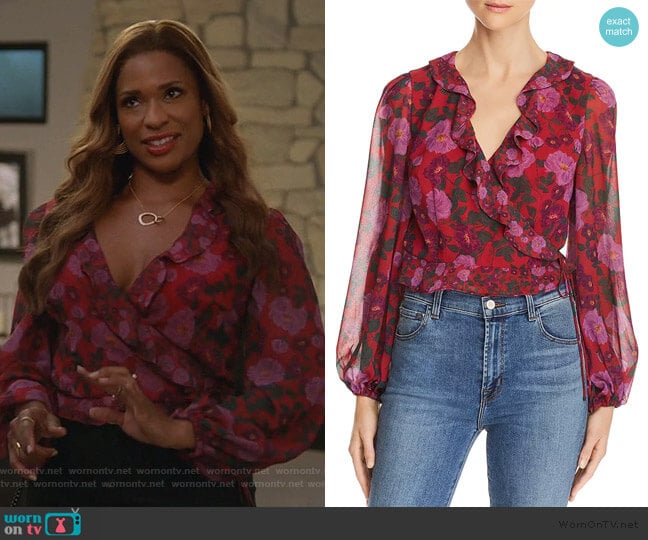 Cropped Floral-Print Wrap Blouse by Keepsake worn by Poppy (Kimrie Lewis) on Single Parents