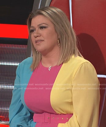 Kelly's blue pink and yellow colorblock dress on The Voice