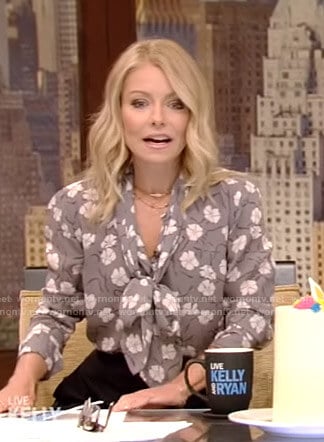 Kelly's grey floral tie neck blouse on Live with Kelly and Ryan