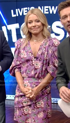 Kelly’s purple floral print mini dress on Live with Kelly and Ryan