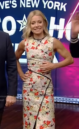 Kelly's white floral dress with leather trim on Live with Kelly and Ryan