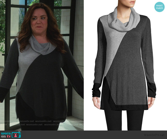 Colorblock Cowl Neck Hi-Lo Pullover by Jones New York worn by Katie Otto (Katy Mixon) on American Housewife