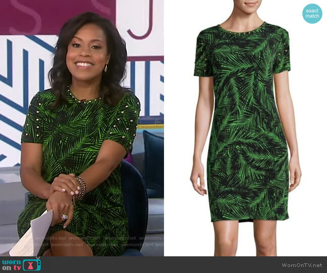 Studded Palm-Print Sheath Dress by MICHAEL Michael Kors worn by Sheinelle Jones on Today