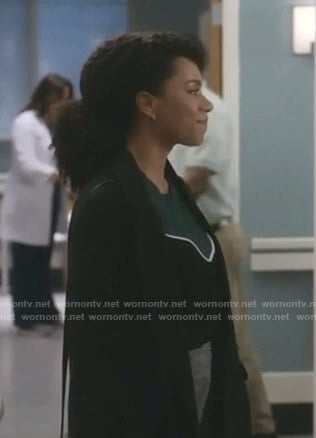 Maggie’s green colorblocked sweater on Grey’s Anatomy