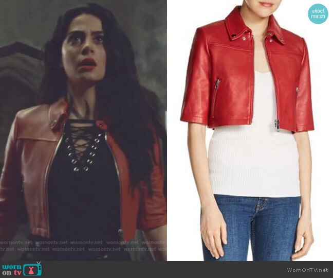 Brittany Cropped Leather Jacket by Maje  worn by Isabelle Lightwood (Emeraude Toubia ) on Shadowhunters