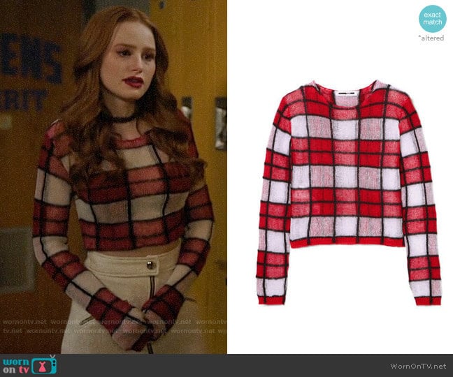 McQ Alexander McQueen Checked Linen Blend Sweater worn by Cheryl Blossom (Madelaine Petsch) on Riverdale