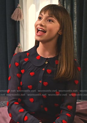 Molly's navy heart embroidered blouse on No Good Nick