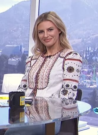 Morgan’s white floral embroidered jacket on E! News Daily Pop