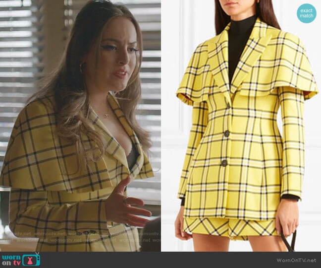 Cape-Effect Checked Wool Blazer and Shorts by Sara Battaglia worn by Fallon Carrington (Elizabeth Gillies) on Dynasty