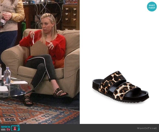 Sandro Andy Leopard Slide Sandals  worn by Penny Hofstadter (Kaley Cuoco) on The Big Bang Theory