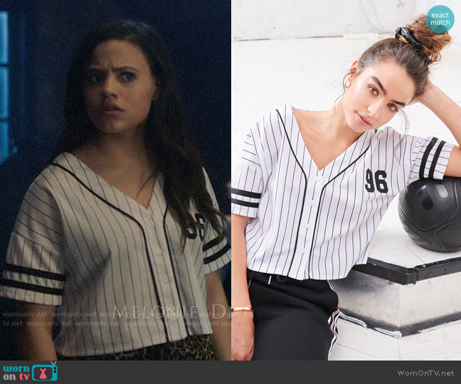 Urban Planet Sommer Ray Graphic V-Neck Button-Up Baseball Cropped T-Shirt worn by Maggie Vera (Sarah Jeffery) on Charmed