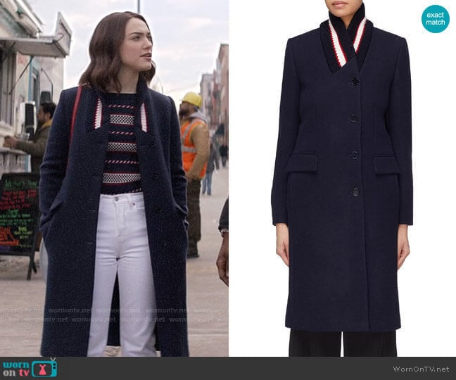 Cara’s navy coat with striped ribbed collar on God Friended Me