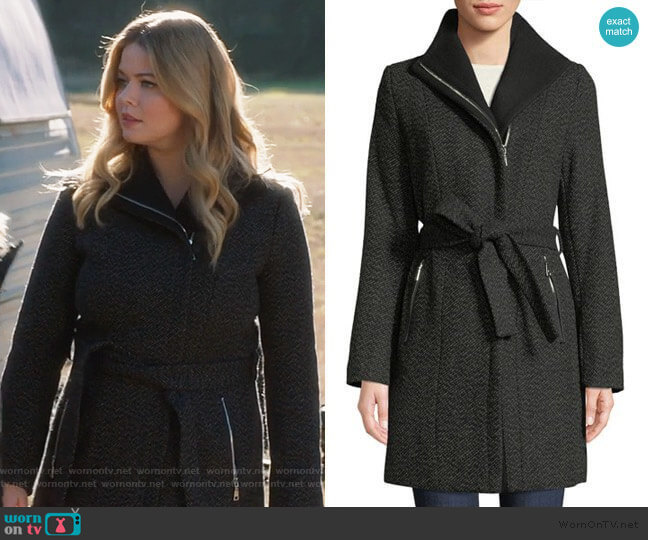 T Tahari Belted Asymmetric Zip Tweed Coat worn by Alison DiLaurentis (Sasha Pieterse) on Pretty Little Liars The Perfectionists