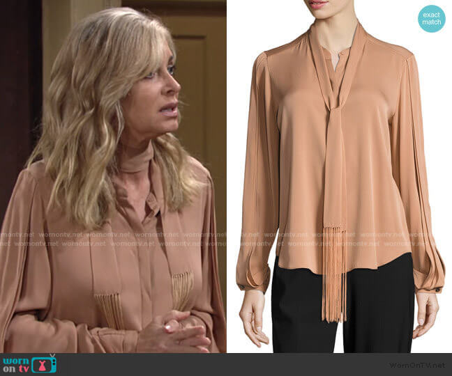 Kobi Halperin Tara Fringed Tie-Neck Stretch-Silk Blouse worn by Ashley Abbott (Eileen Davidson) on The Young and the Restless