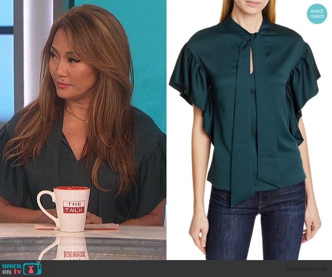 Tie Neck Ruffle Sleeve Top by Ted Baker worn by Carrie Inaba on The Talk