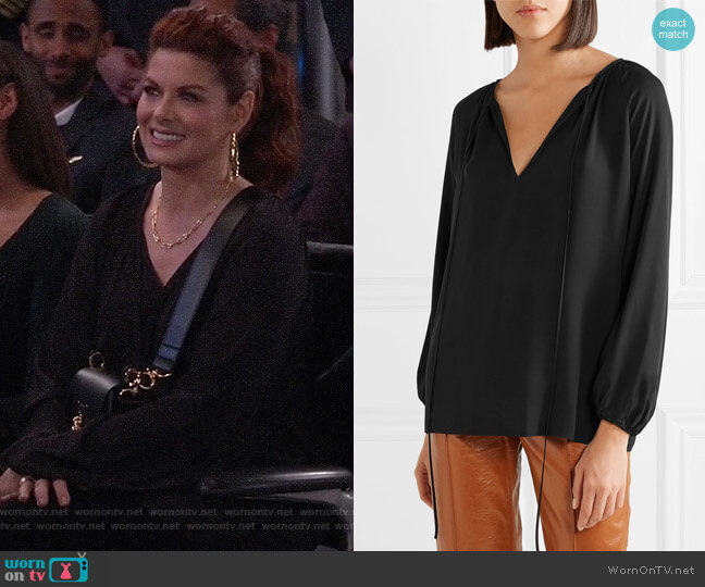 Gathered silk-chiffon blouse by Theory worn by Grace Adler (Debra Messing) on Will and Grace