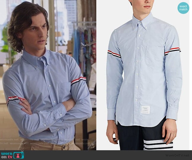 Tricolor-Band Cotton Oxford Cloth Button-Down Shirt by Thom Browne worn by Peter Vack on The Bold Type