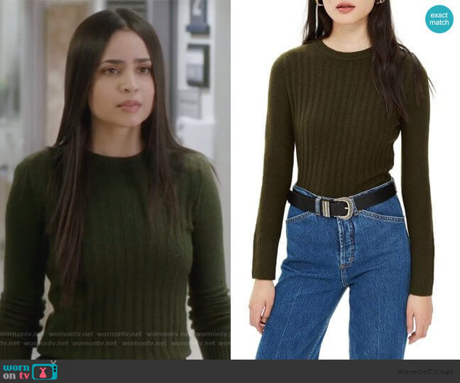 Topshop Olive Rib Sweater worn by Ava Jalali (Sofia Carson) on Pretty Little Liars The Perfectionists