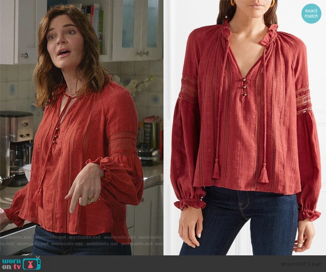 Kalina Long-Sleeve Peasant Top by Veronica Beard worn by Heather Hughes (Betsy Brandt) on Life in Pieces
