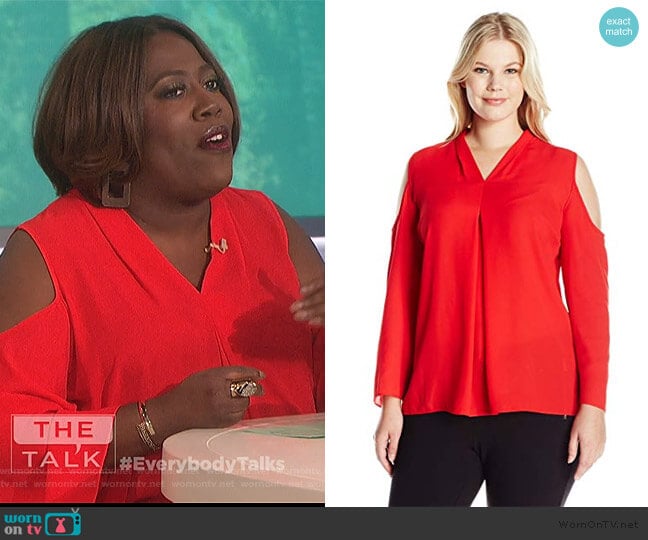 Long Sleeve Cold-Shoulder Invert Pleat V-Neck Blouse by Vince Camuto worn by Sheryl Underwood on The Talk