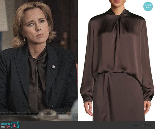 Knotted High-Neck Log-Sleeve Silk Blouse by Vince worn by Elizabeth McCord (Téa Leoni) on Madam Secretary