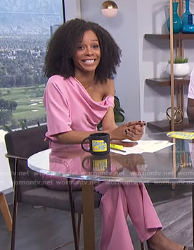 Zuri’s pink asymmetric top and pants on E! News Daily Pop