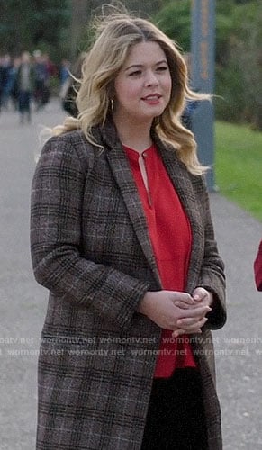 Ali’s brown plaid coat and red top on PLL The Perfectionists