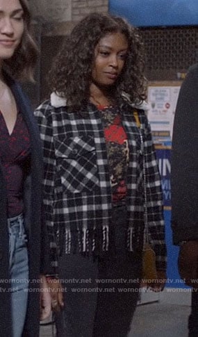 Ali’s black plaid jacket with fringed hem on God Friended Me