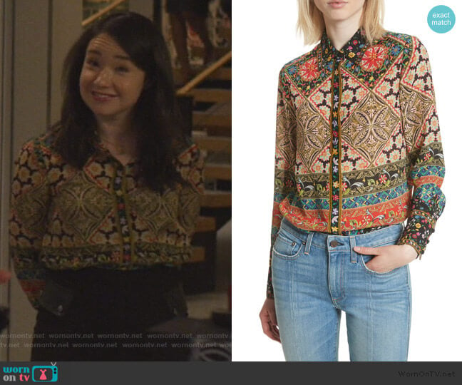 Patchwork Print Silk Shirt by Alice + Olivia worn by Marissa Gold (Sarah Steele) on The Good Fight