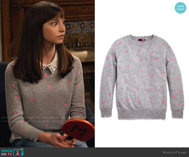 Aqua Girls Cashmere Embroidered Heart-Print Sweater worn by Molly (Lauren Lindsey Donzis) on No Good Nick