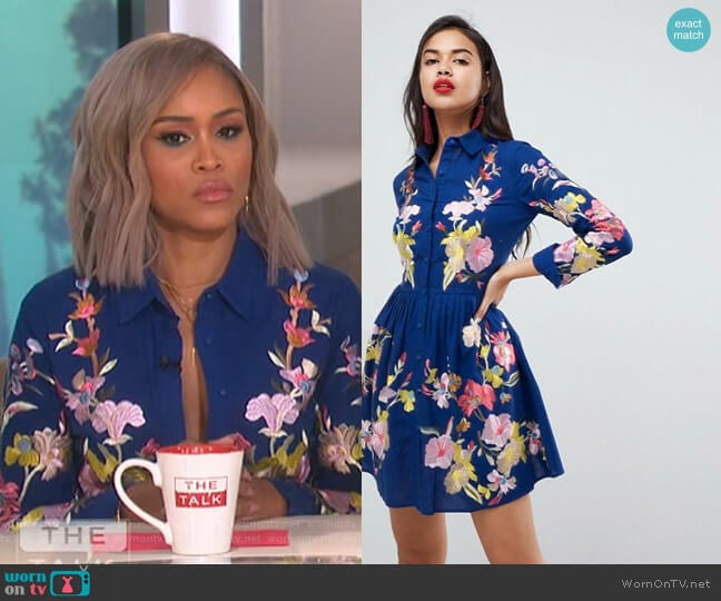 Embroidered Button Through Shirt Skater Mini Dress by Asos Premium worn by Eve on The Talk