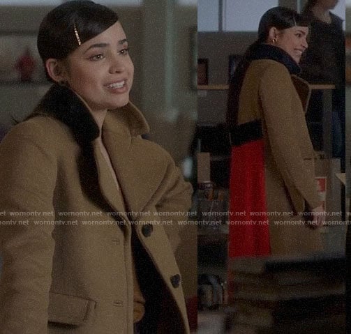 Ava's camel coat with red back on Pretty Little Liars The Perfectionists