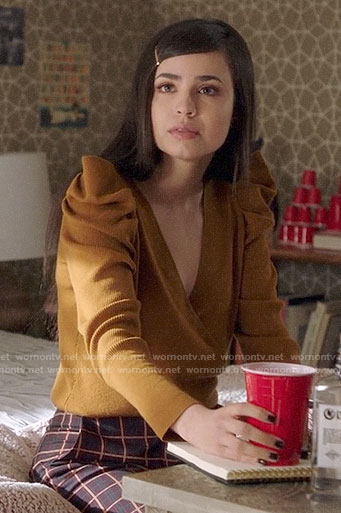 Ava's mustard puff-sleeve sweater on Pretty Little Liars The Perfectionists