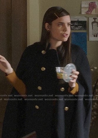 Ava’s navy cape coat with gold buttons on Pretty Little Liars The Perfectionists