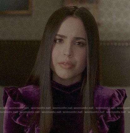 Ava's purple velvet dress with ruffles on Pretty Little Liars The Perfectionists