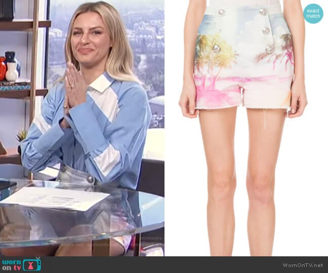 High-Waist 6-Button Palm-Print Shorts by Balmain worn by Morgan Stewart on E! News