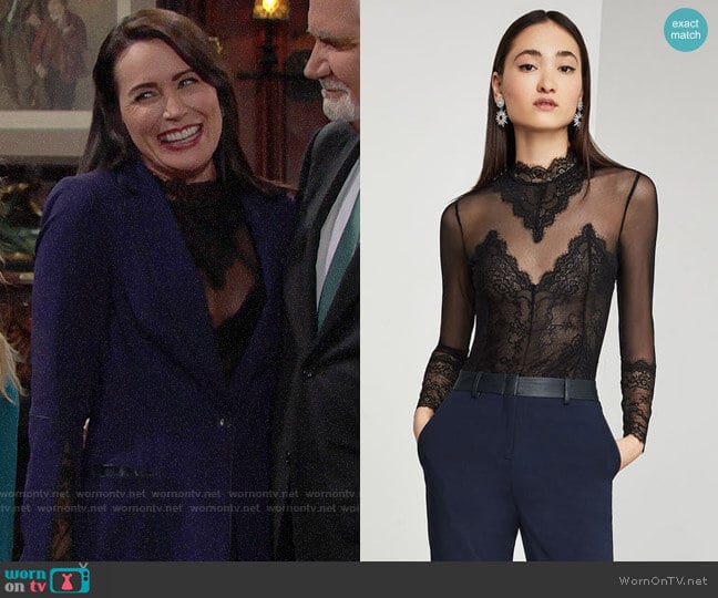 Bcbgmaxazria Scalloped Lace Bodysuit worn by Quinn Fuller (Rena Sofer) on The Bold and the Beautiful