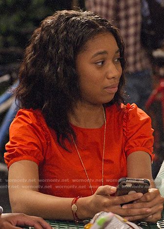 Becky's red puff sleeve top on No Good Nick