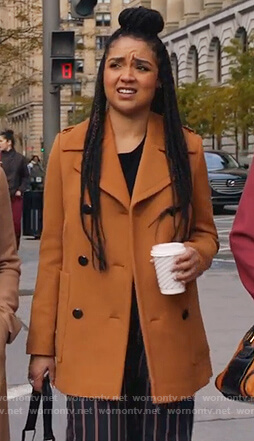 Kat's brown double breasted coat on The Bold Type