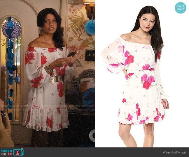 Betsey Johnson Off The Shoulder Floral Chiffon Dress worn by Xiomara Villanueva (Andrea Navedo) on Jane the Virgin