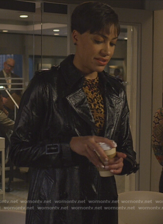 Lucca’s black leather coat on The Good Fight