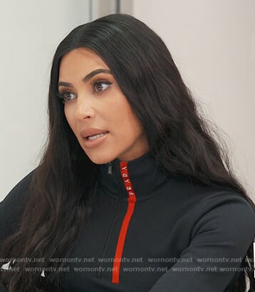 Kim’s black Prada turtleneck jacket on Keeping Up with the Kardashians