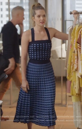 Sutton's blue checked top and skirt on The Bold Type