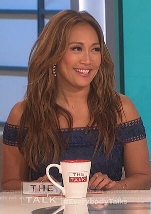 Carrie’s blue lace off shoulder dress on The Talk